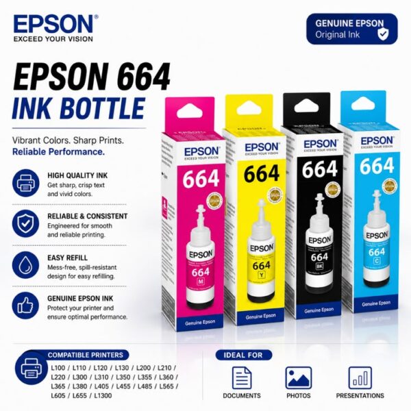 Epson 664 L100, L110, L130, L200, L210, L220, L300, L310, L350, L355, L360, L365, L380, L455, L550, L555, L565 Printers Black + Tri Color Combo Pack Ink Bottle (Black) - Image 6